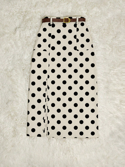 Franclia Khaki Polka Dot Print Corduroy Skirt With Patch Pockets, Slit Hem And Belt