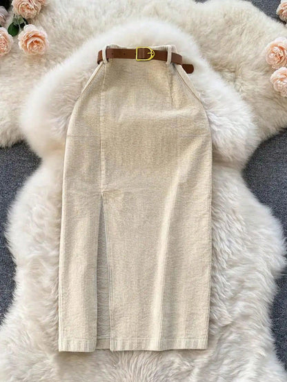 Franclia Khaki Polka Dot Print Corduroy Skirt With Patch Pockets, Slit Hem And Belt
