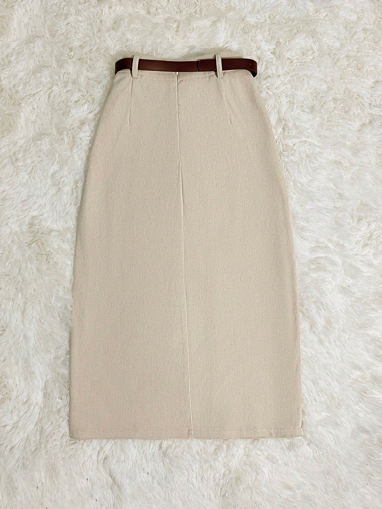 Franclia Khaki Polka Dot Print Corduroy Skirt With Patch Pockets, Slit Hem And Belt