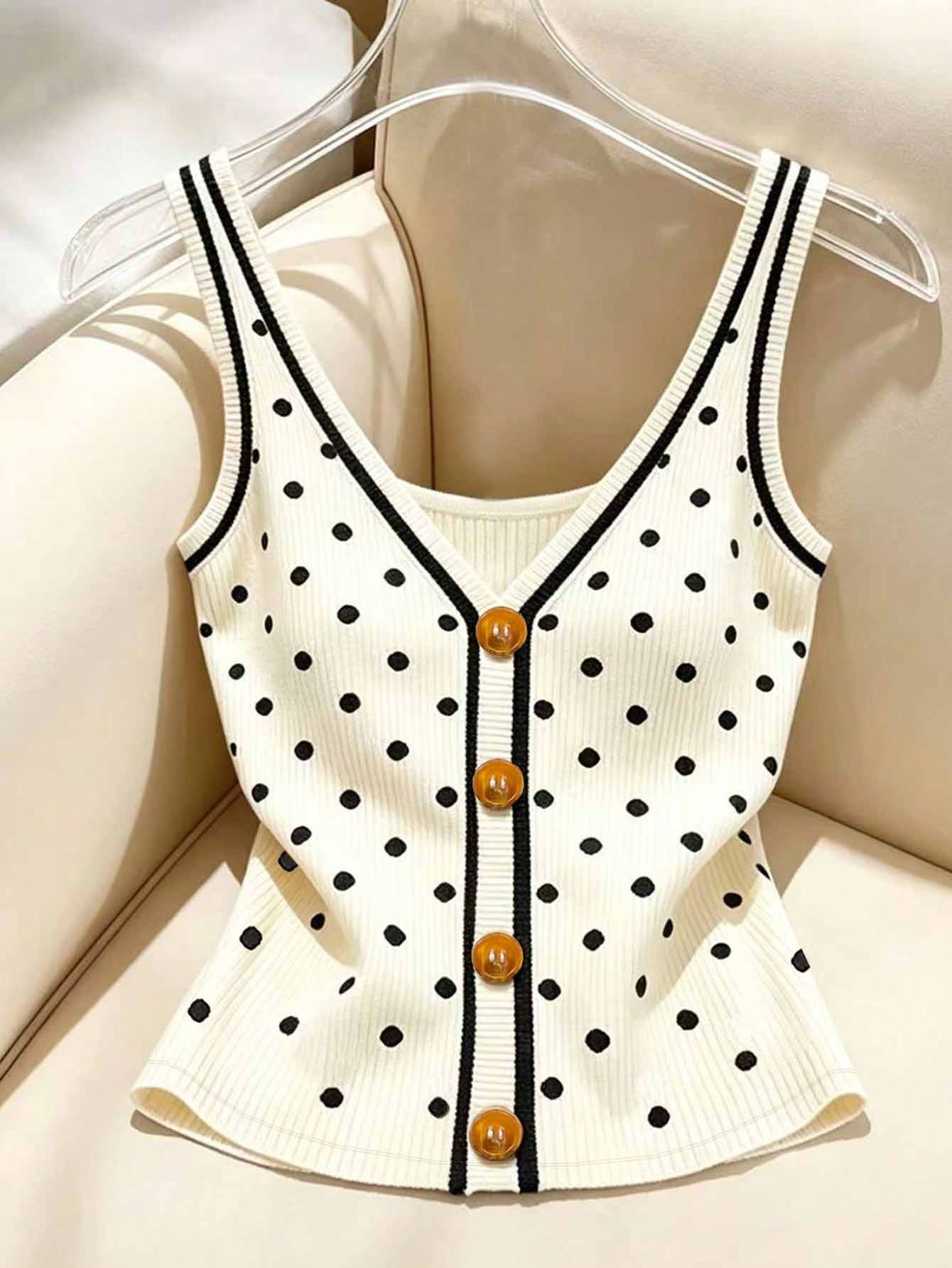 Franclia Plus Size Polka Dot Print Button Decor Vest
