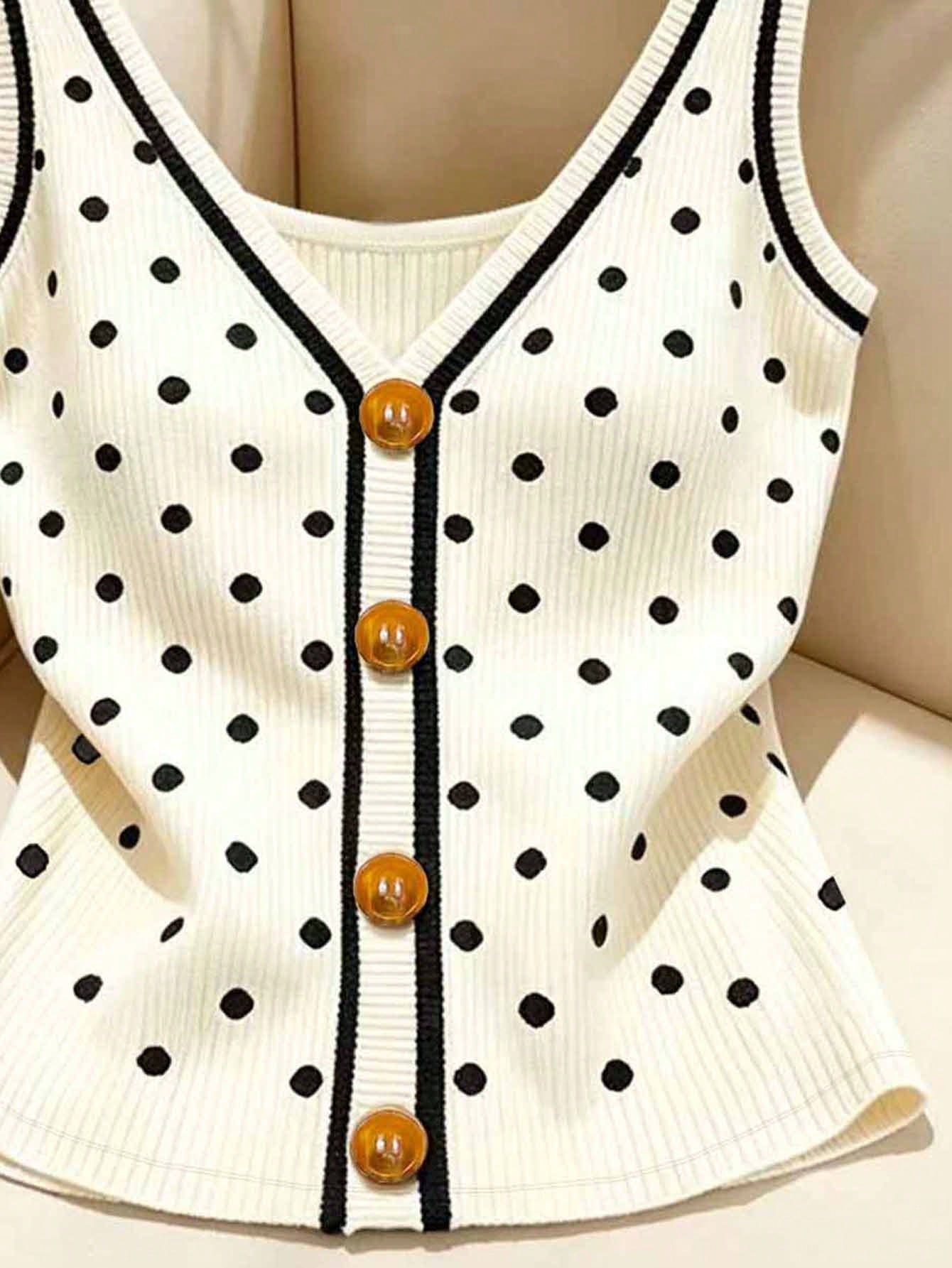 Franclia Plus Size Polka Dot Print Button Decor Vest