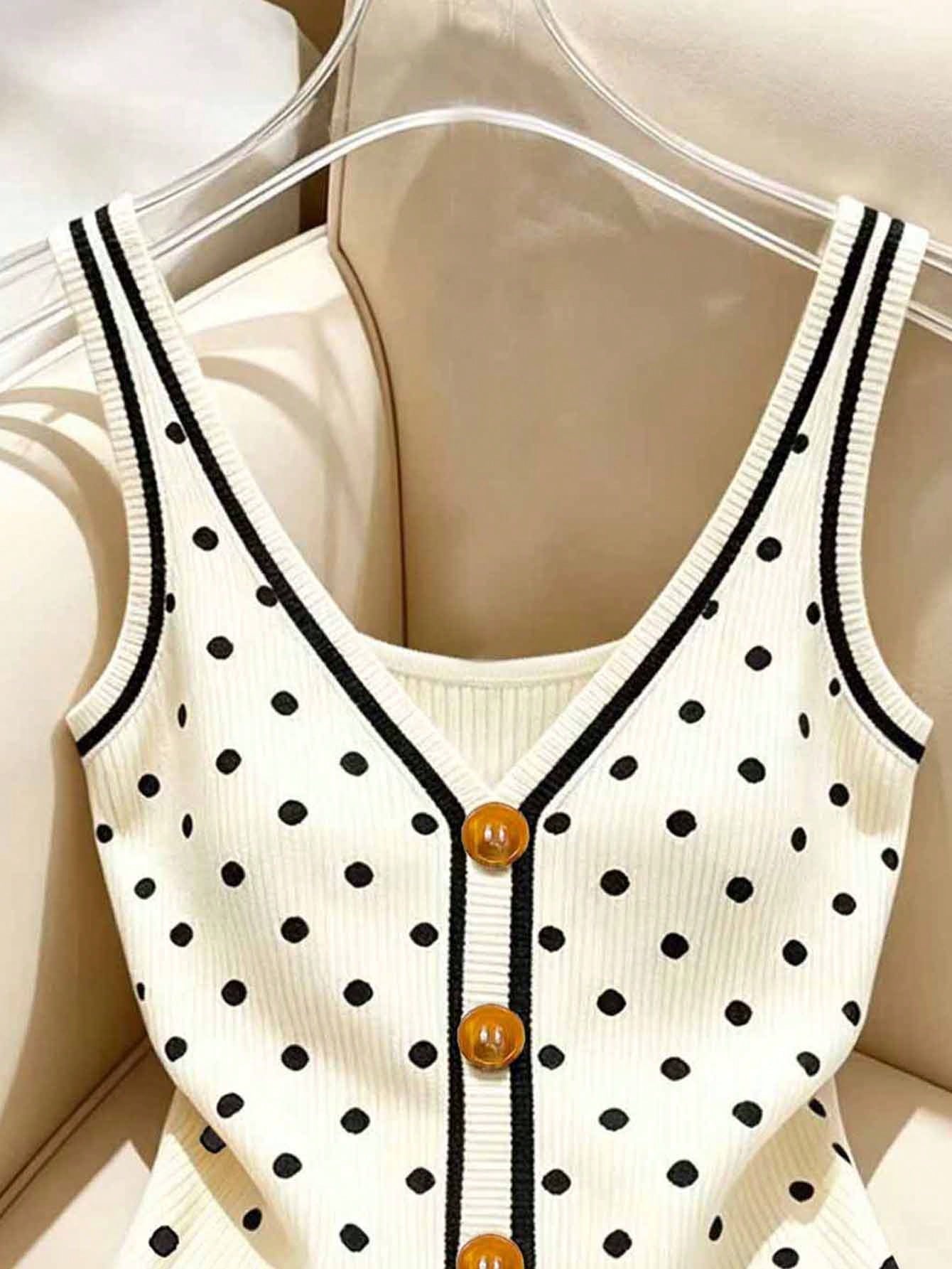Franclia Plus Size Polka Dot Print Button Decor Vest