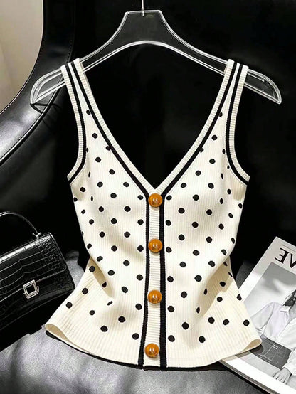 Franclia Plus Size Polka Dot Print Button Decor Vest
