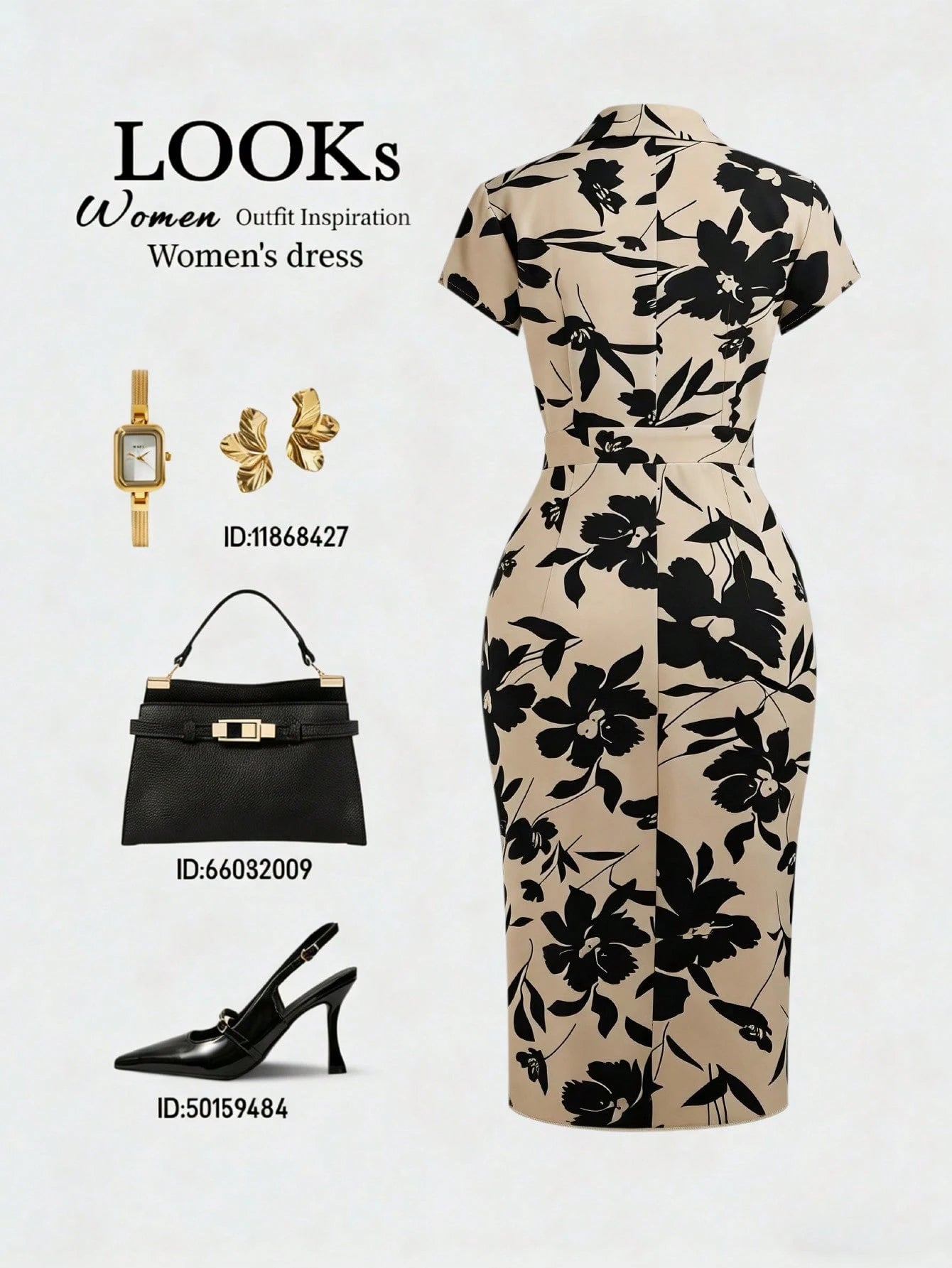 Franclia Summer Retro Khaki Floral Collared Waist-Cinched Dress Short-Sleeve Single-Button Ruched Slim-Fit Elegant Office Wear Figure-Flattering Women's Dress