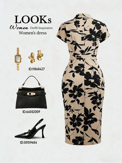 Franclia Summer Retro Khaki Floral Collared Waist-Cinched Dress Short-Sleeve Single-Button Ruched Slim-Fit Elegant Office Wear Figure-Flattering Women's Dress