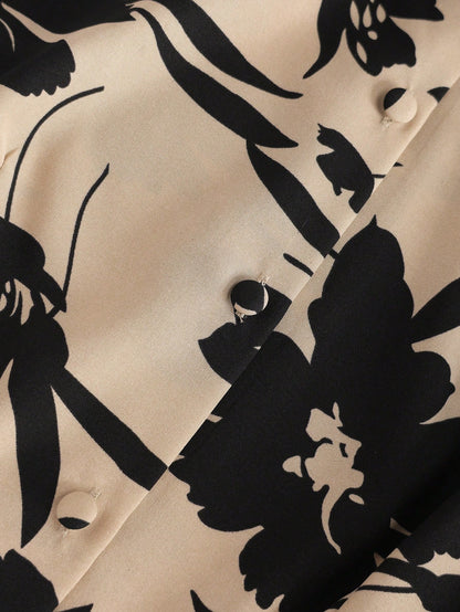 Franclia Summer Retro Khaki Floral Collared Waist-Cinched Dress Short-Sleeve Single-Button Ruched Slim-Fit Elegant Office Wear Figure-Flattering Women's Dress