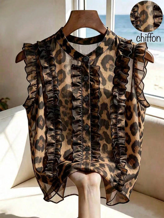 Franclia Vintage French Sleeveless Chiffon Brown Leopard Print Ruffle Trim Single-Breasted Shirt For Women,Brown Checkered,Summer,Elegant,Holiday,Vacation