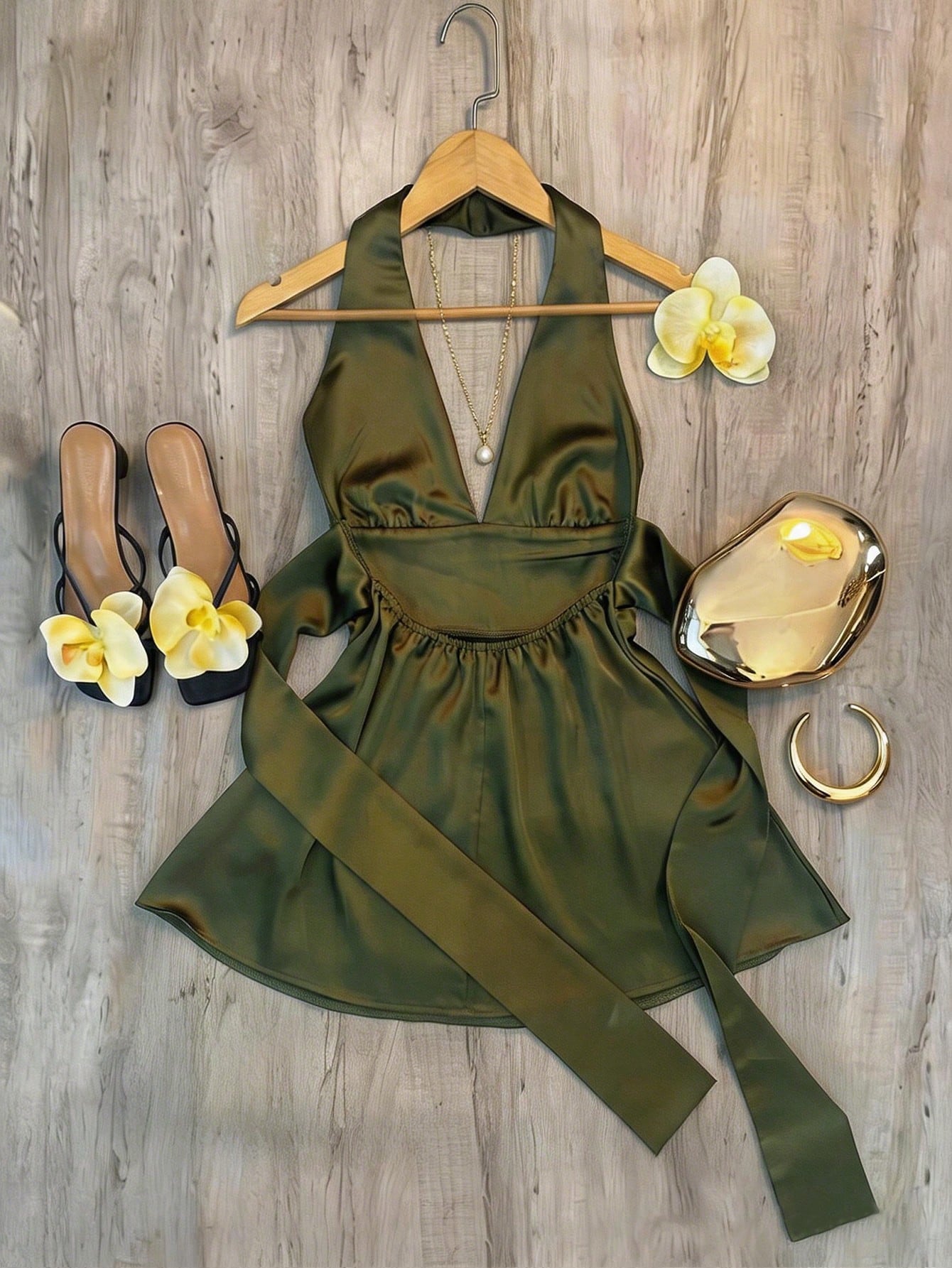 Franclia Women's Elegant & Sexy Deep V-Neck, Open-Back Satin Dress- Perfect For Vacations And Parties.