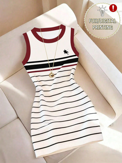 Franclia Women's Mid-Length Dress, Retro Red Trim Contrast Stripe Camisole Dress, Bodycon Slim Fit Mini Dress, Sexy Casual Versatile Summer Dress