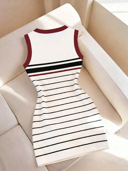Franclia Women's Mid-Length Dress, Retro Red Trim Contrast Stripe Camisole Dress, Bodycon Slim Fit Mini Dress, Sexy Casual Versatile Summer Dress
