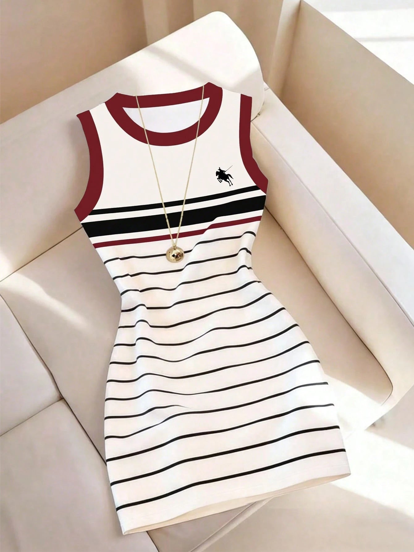 Franclia Women's Mid-Length Dress, Retro Red Trim Contrast Stripe Camisole Dress, Bodycon Slim Fit Mini Dress, Sexy Casual Versatile Summer Dress