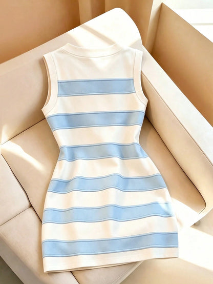 Franclia Women's Mid-Length Dress, Retro Red Trim Contrast Stripe Camisole Dress, Bodycon Slim Fit Mini Dress, Sexy Casual Versatile Summer Dress