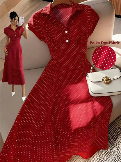 Franclia Women's Red And White Polka Dot Vintage French V-Neck A-Line Dress,Elegant Short Sleeve Summer Dress,Versatile For Brunch,Commute,Party,Tea Party