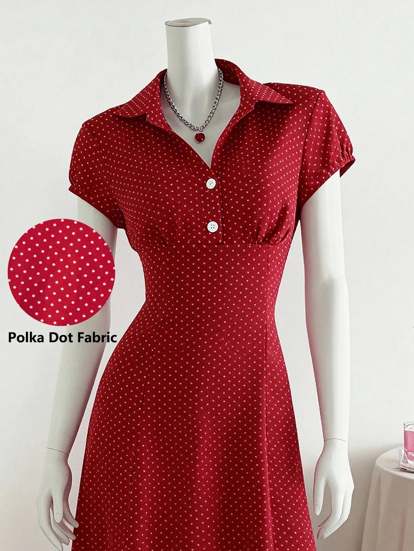 Franclia Women's Red And White Polka Dot Vintage French V-Neck A-Line Dress,Elegant Short Sleeve Summer Dress,Versatile For Brunch,Commute,Party,Tea Party