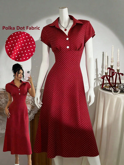 Franclia Women's Red And White Polka Dot Vintage French V-Neck A-Line Dress,Elegant Short Sleeve Summer Dress,Versatile For Brunch,Commute,Party,Tea Party
