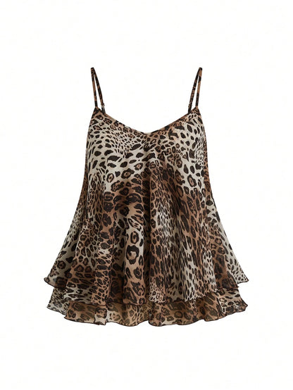 Franclia Women's Regular Length Leopard Print Tiered Layer Tank Top With Spaghetti Straps