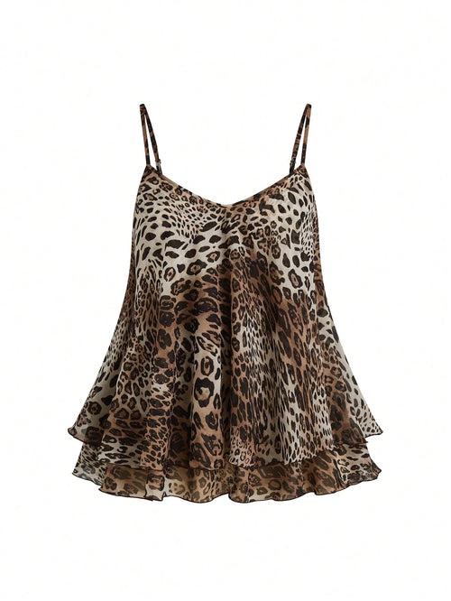 Franclia Women's Regular Length Leopard Print Tiered Layer Tank Top With Spaghetti Straps
