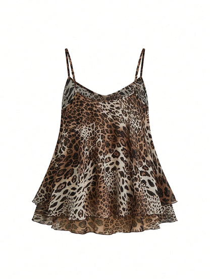 Franclia Women's Regular Length Leopard Print Tiered Layer Tank Top With Spaghetti Straps