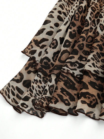Franclia Women's Regular Length Leopard Print Tiered Layer Tank Top With Spaghetti Straps