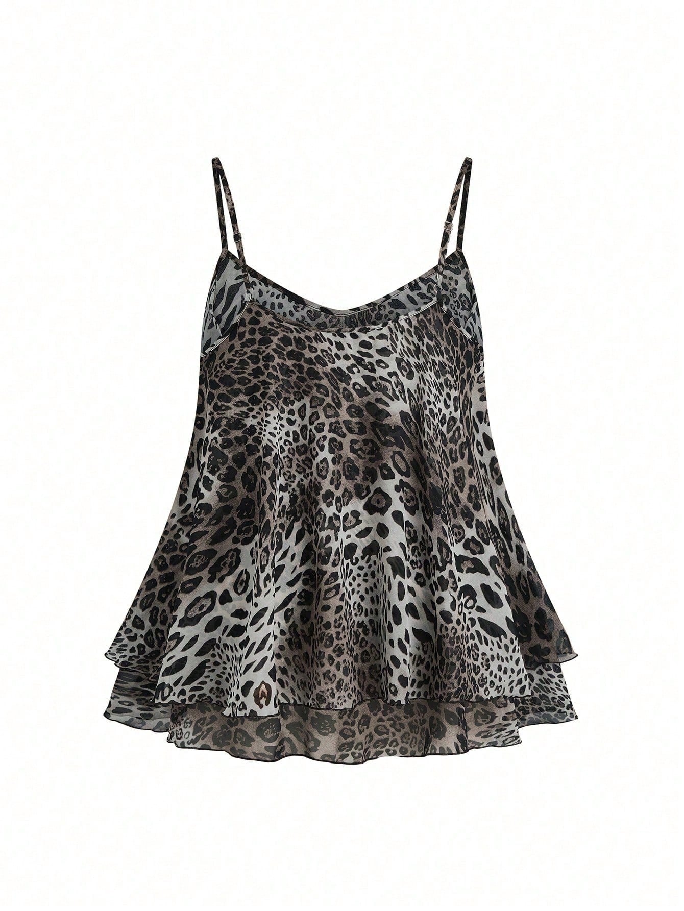 Franclia Women's Regular Length Leopard Print Tiered Layer Tank Top With Spaghetti Straps