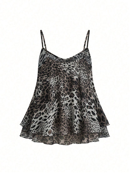 Franclia Women's Regular Length Leopard Print Tiered Layer Tank Top With Spaghetti Straps