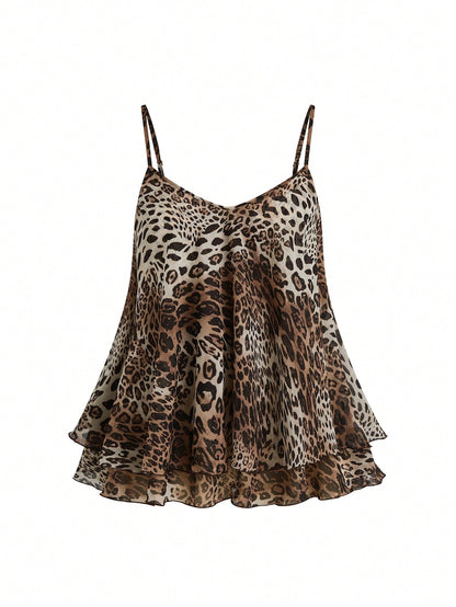 Franclia Women's Regular Length Leopard Print Tiered Layer Tank Top With Spaghetti Straps