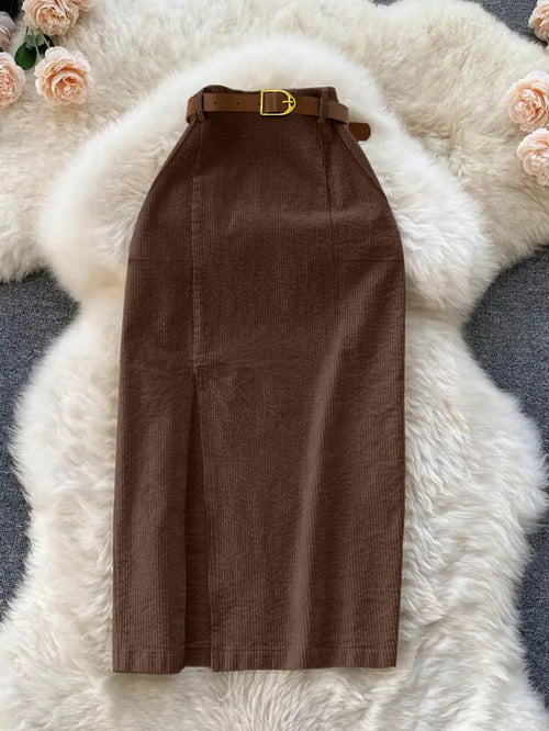 Franclia Women's Solid Color Corduroy Pocket Slit Skirt With Belt