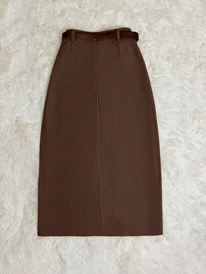 Franclia Women's Solid Color Corduroy Pocket Slit Skirt With Belt