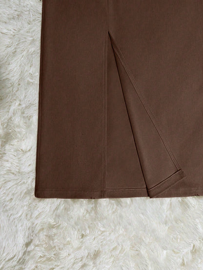 Franclia Women's Solid Color Corduroy Pocket Slit Skirt With Belt