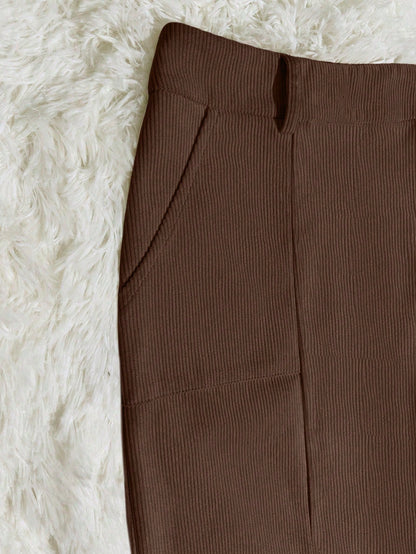 Franclia Women's Solid Color Corduroy Pocket Slit Skirt With Belt