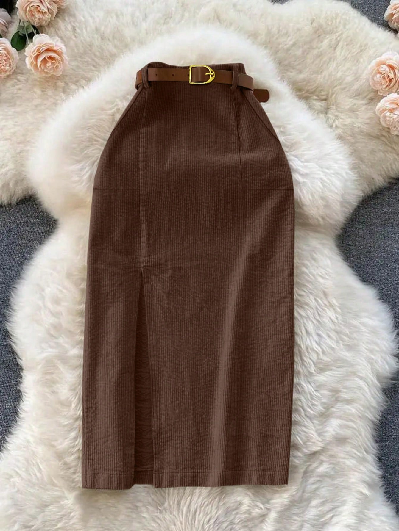 Franclia Women's Solid Color Corduroy Pocket Slit Skirt With Belt