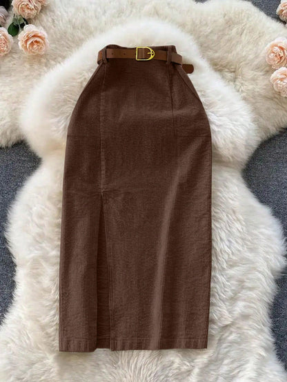 Franclia Women's Solid Color Corduroy Pocket Slit Skirt With Belt
