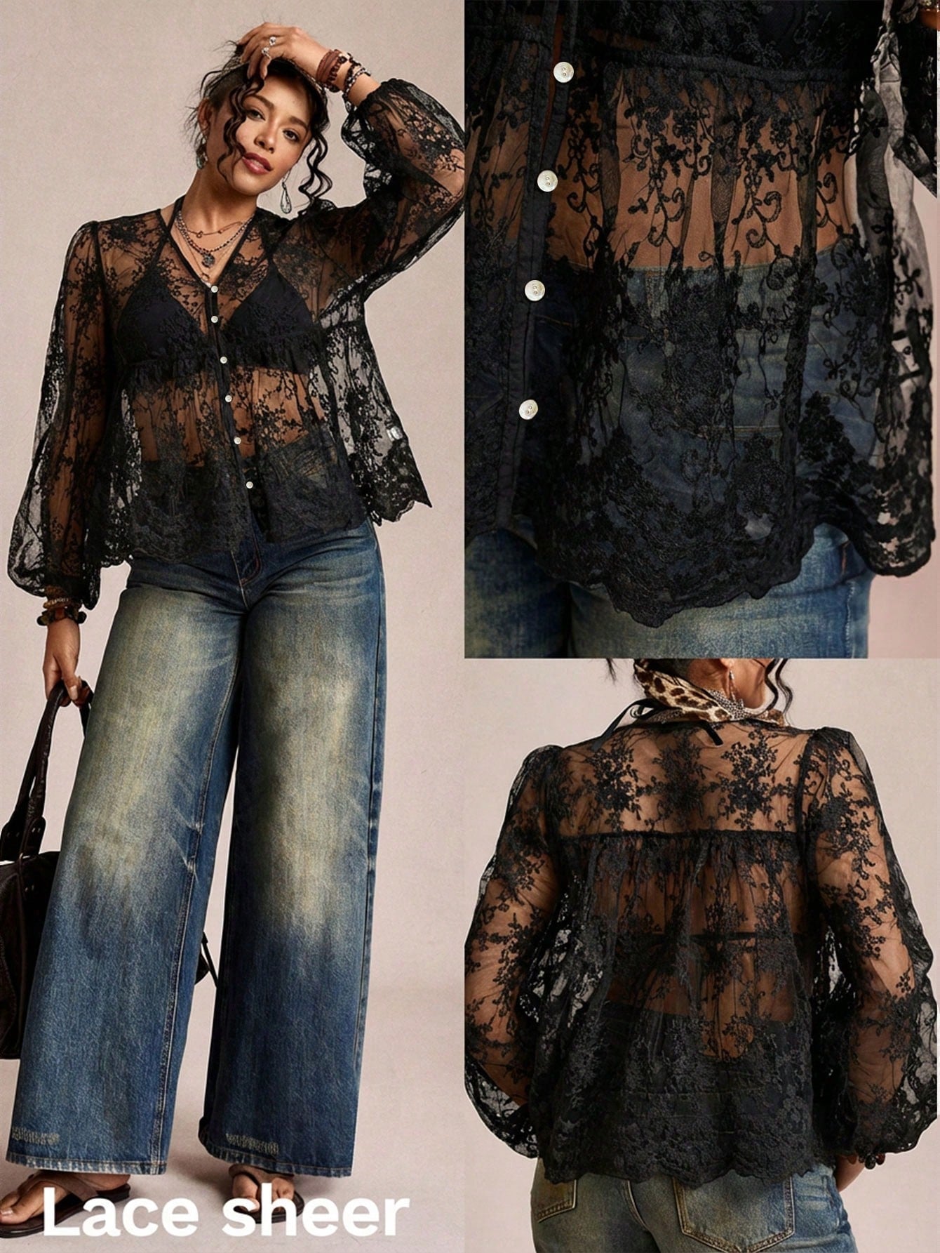 Freevana Plus Size Women's Black Sheer Embroidered Mesh Lantern Sleeve Loose Lace Blouse,Elegant Autumn Night Out Club Vacation Casual Mother's Day Shirt Fall