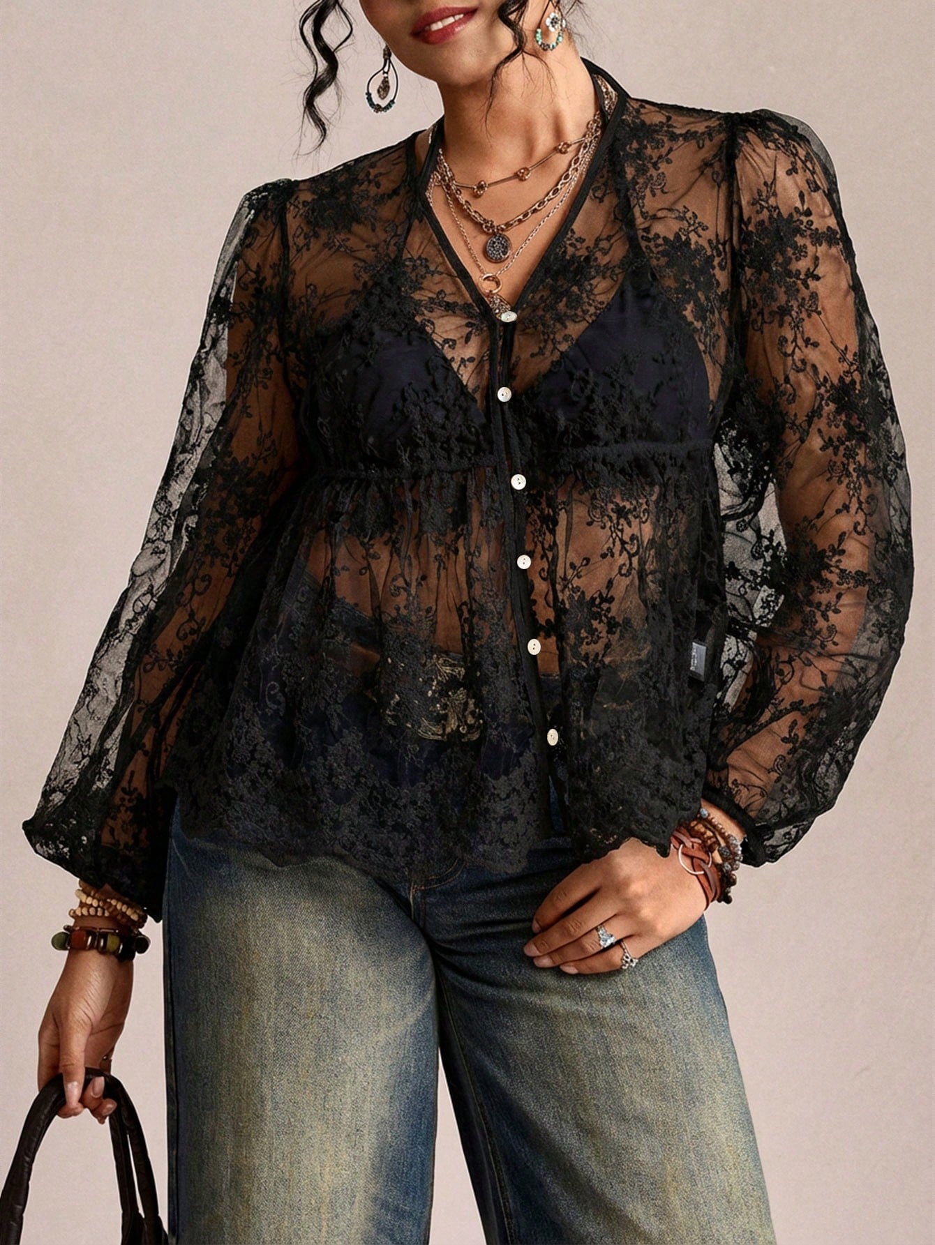 Freevana Plus Size Women's Black Sheer Embroidered Mesh Lantern Sleeve Loose Lace Blouse,Elegant Autumn Night Out Club Vacation Casual Mother's Day Shirt Fall