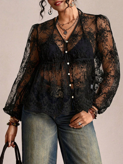 Freevana Plus Size Women's Black Sheer Embroidered Mesh Lantern Sleeve Loose Lace Blouse,Elegant Autumn Night Out Club Vacation Casual Mother's Day Shirt Fall