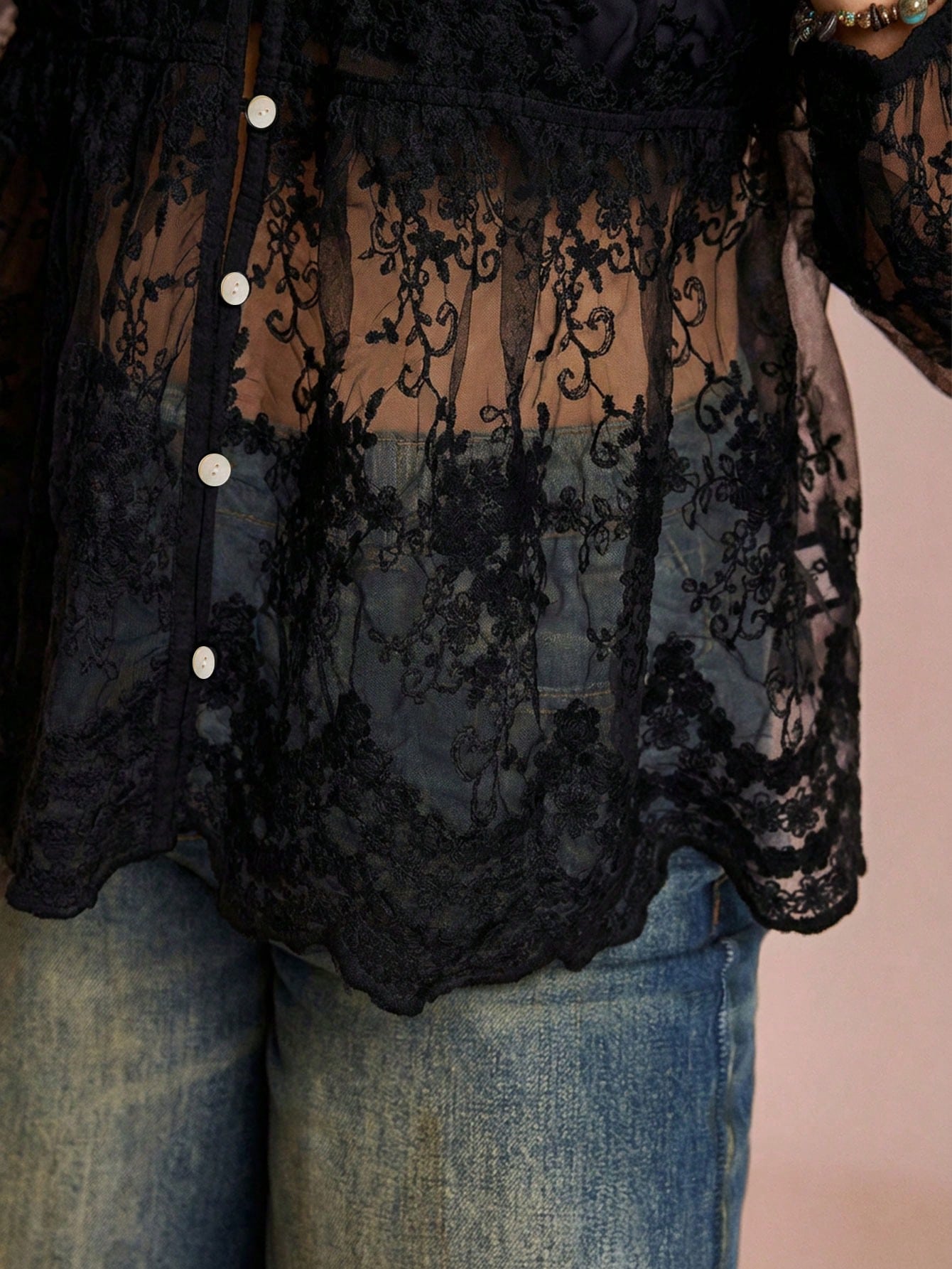 Freevana Plus Size Women's Black Sheer Embroidered Mesh Lantern Sleeve Loose Lace Blouse,Elegant Autumn Night Out Club Vacation Casual Mother's Day Shirt Fall