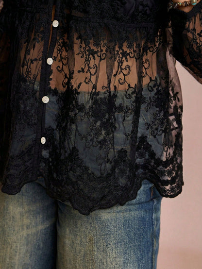 Freevana Plus Size Women's Black Sheer Embroidered Mesh Lantern Sleeve Loose Lace Blouse,Elegant Autumn Night Out Club Vacation Casual Mother's Day Shirt Fall