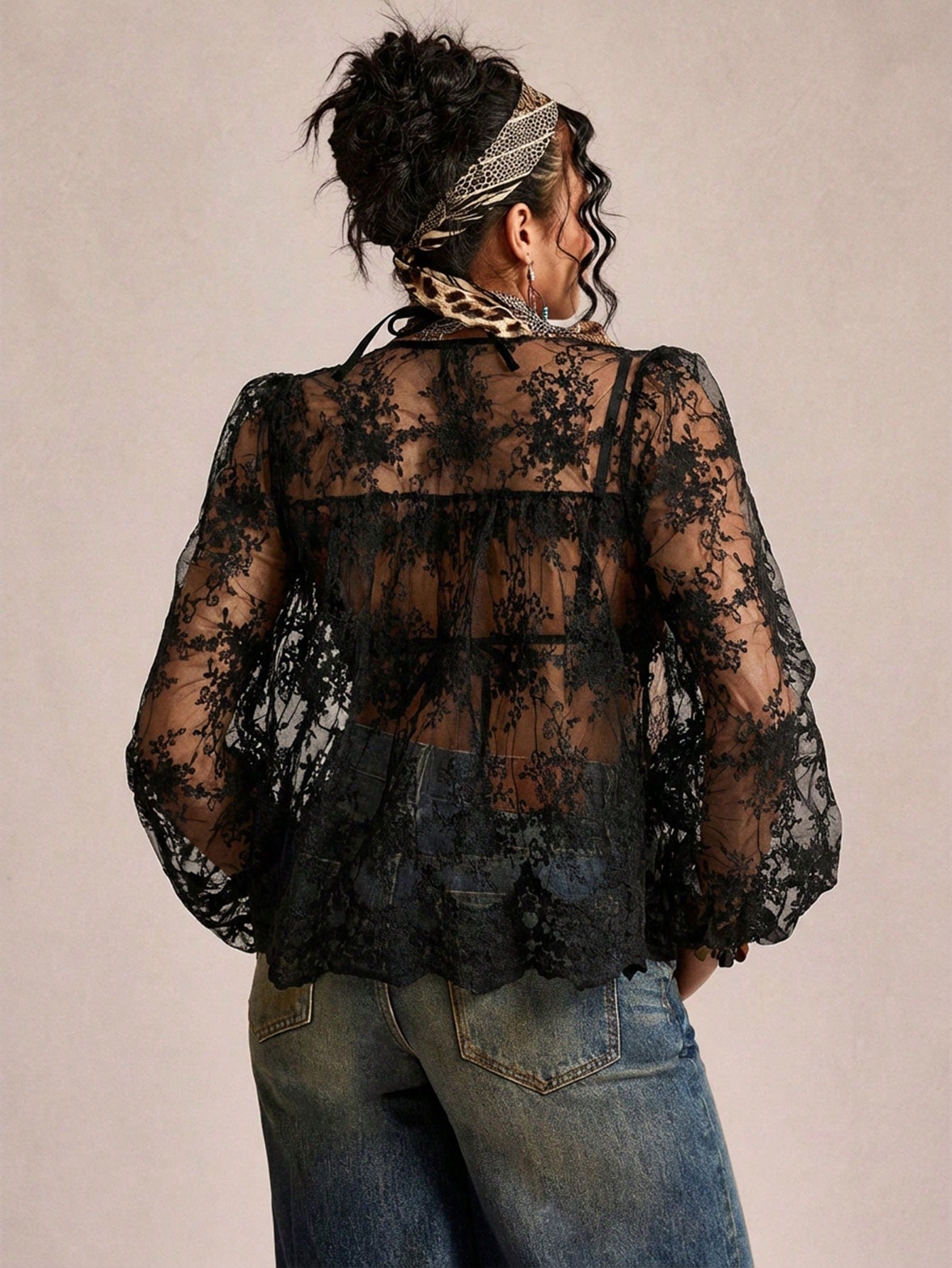 Freevana Plus Size Women's Black Sheer Embroidered Mesh Lantern Sleeve Loose Lace Blouse,Elegant Autumn Night Out Club Vacation Casual Mother's Day Shirt Fall