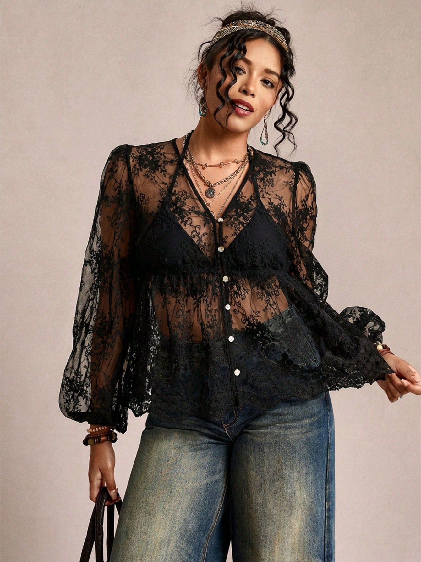 Freevana Plus Size Women's Black Sheer Embroidered Mesh Lantern Sleeve Loose Lace Blouse,Elegant Autumn Night Out Club Vacation Casual Mother's Day Shirt Fall