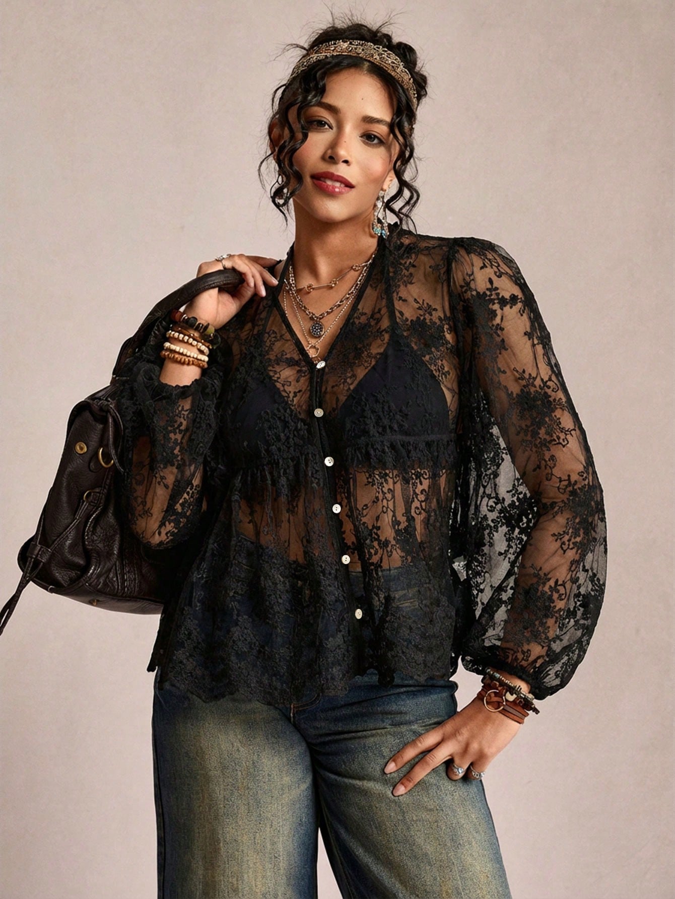 Freevana Plus Size Women's Black Sheer Embroidered Mesh Lantern Sleeve Loose Lace Blouse,Elegant Autumn Night Out Club Vacation Casual Mother's Day Shirt Fall