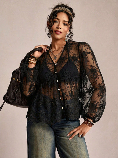 Freevana Plus Size Women's Black Sheer Embroidered Mesh Lantern Sleeve Loose Lace Blouse,Elegant Autumn Night Out Club Vacation Casual Mother's Day Shirt Fall