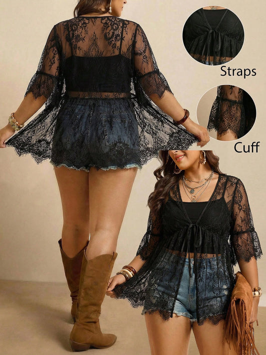 Freevana Plus Sized Women Black And Gold Lace Kimono Elegant Casual Country Formal Evening Wedding Guest Concert Holiday Open Front Sheer Cover Up