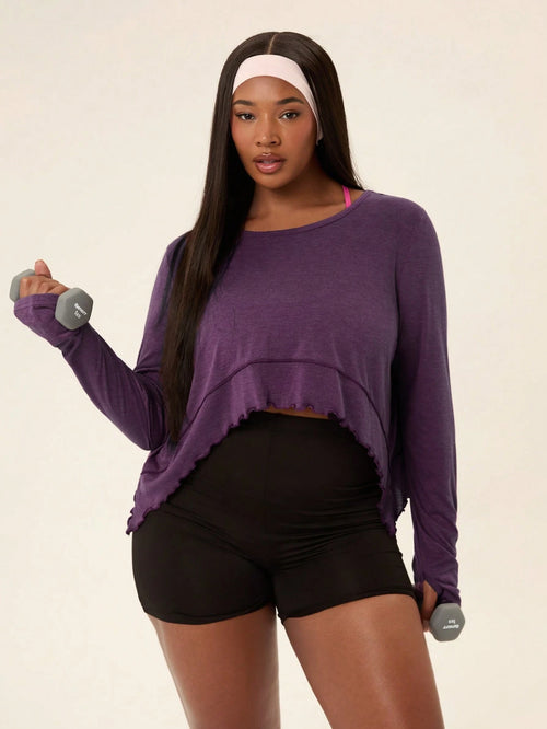 Freevana Women's Plus Size Minimalist Versatile Asymmetrical Hem Long Sleeve Sports T-Shirt Daily Lounging, And Going Out Yoga Fall Vintage Country Bohemia