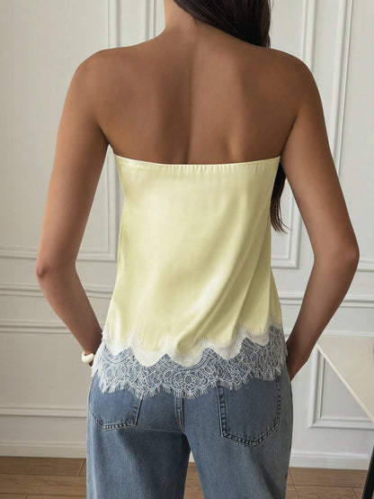 French Satin Lace Patchwork Hem Elegant Sexy Bandeau Top, Beach Vacation, Travel Summer