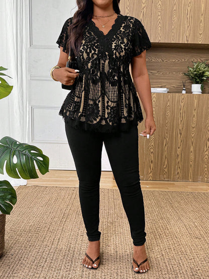 Frenchy Plus Size Tie Dye Floral V-Neck Lace Patchwork Textured T-Shirt For Women