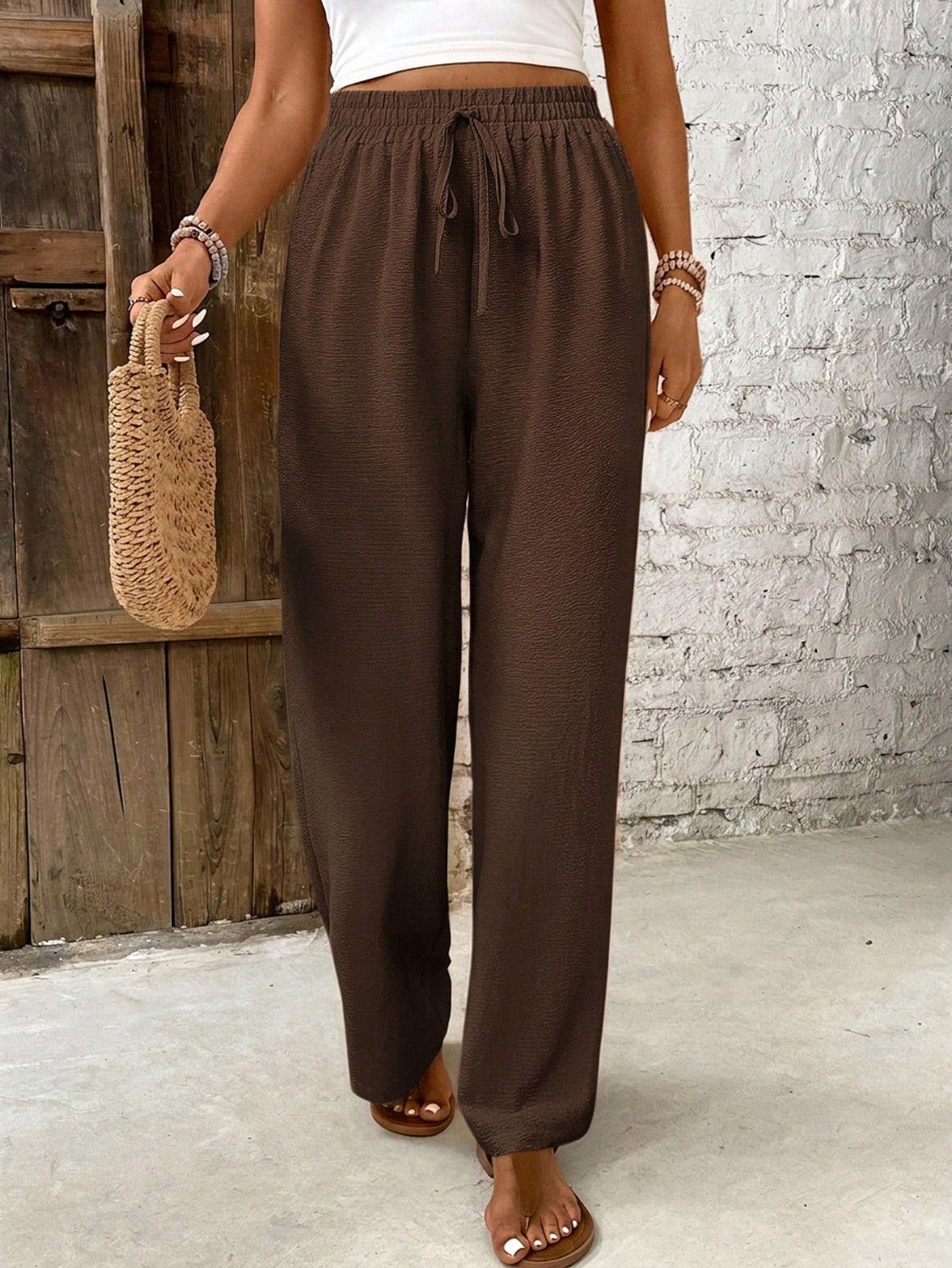 Frenchy Women's Summer Solid Color Drawstring Waist Straight Leg Pants