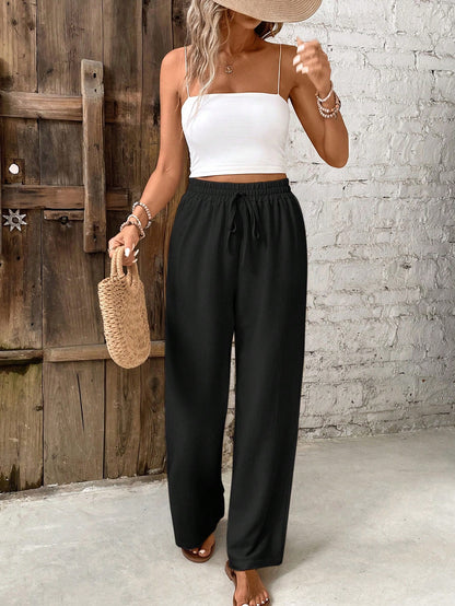 Frenchy Women's Summer Solid Color Drawstring Waist Straight Leg Pants