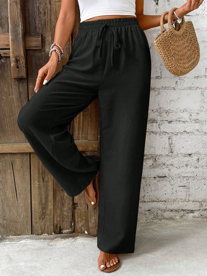 Frenchy Women's Summer Solid Color Drawstring Waist Straight Leg Pants