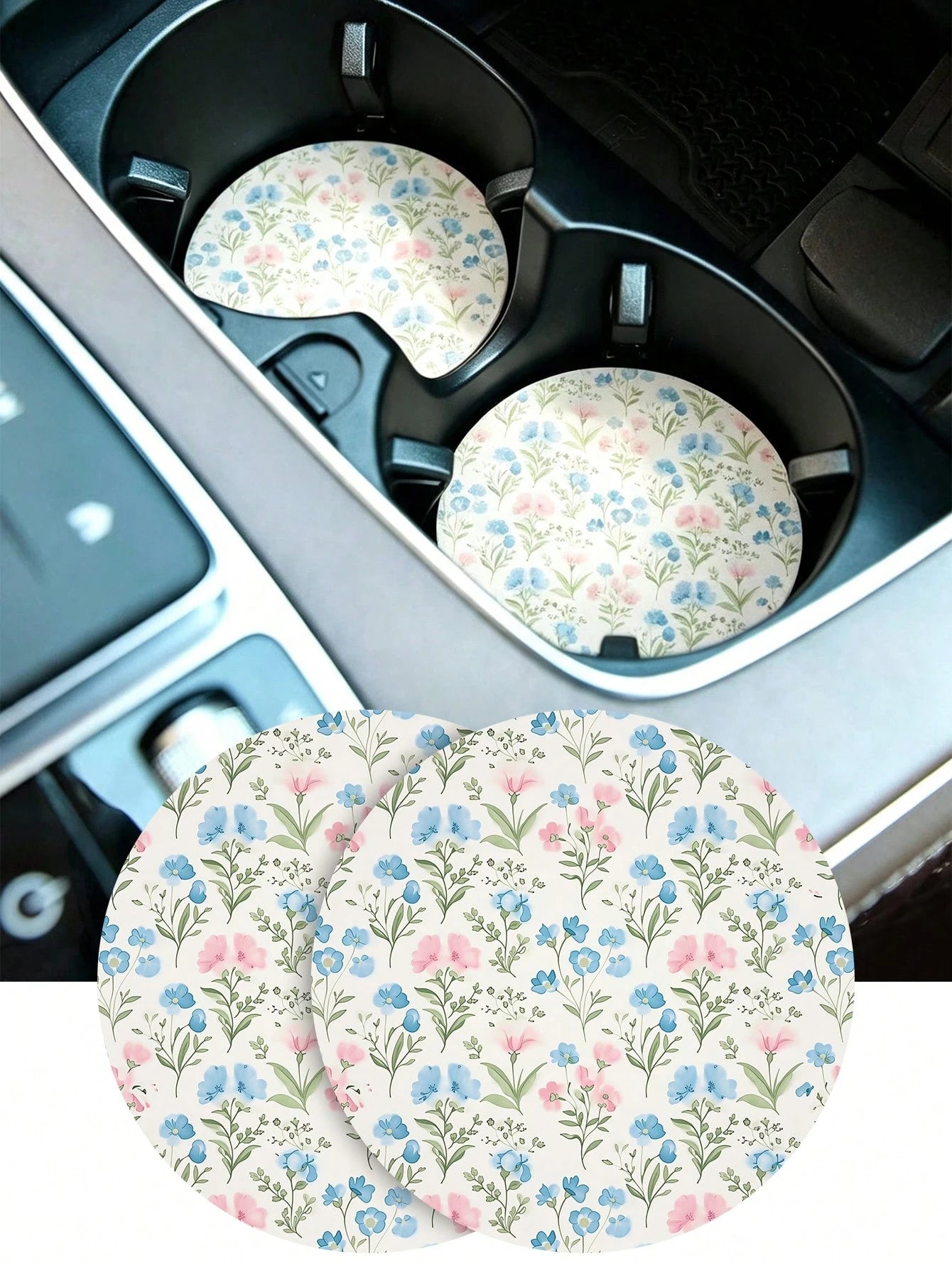 Fresh Floral Car Cup Holder Coaster Set| Non-Slip Car Cup Holder Mat| Girly Car Interior Decor| 2pcs Round Coasters (2.75 Inches)| Flower Design, Suitable For Home And Car| Ideal Holiday Birthday