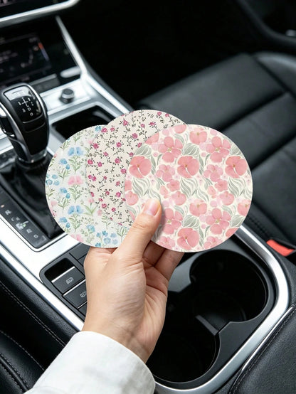 Fresh Floral Car Cup Holder Coaster Set| Non-Slip Car Cup Holder Mat| Girly Car Interior Decor| 2pcs Round Coasters (2.75 Inches)| Flower Design, Suitable For Home And Car| Ideal Holiday Birthday